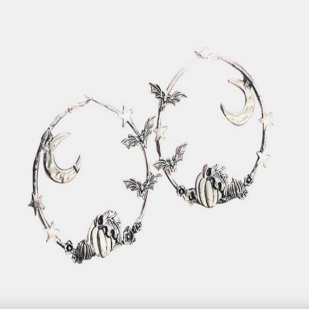Silver Hoop‎ Earrings Moon Stars Bats Pumpkins Goth Halloween Witch Whimsygoth